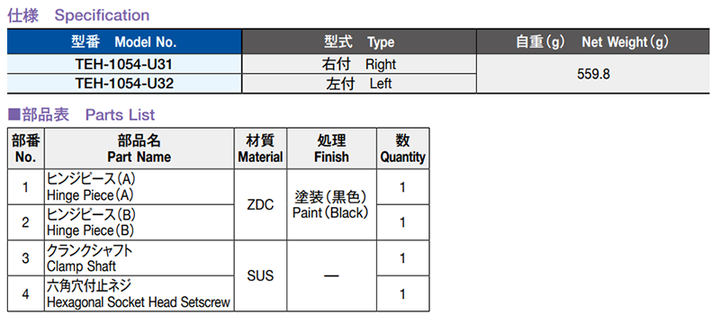栃木屋 ヒンジ TEH-1054-U32 製品規格