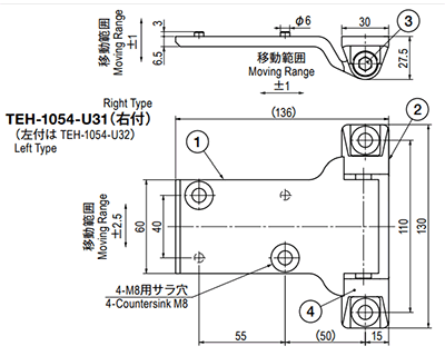 栃木屋 ヒンジ TEH-1054-U32 製品図面