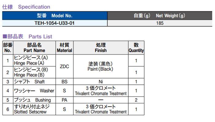 栃木屋 ヒンジ TEH-1054-U33-01 製品規格