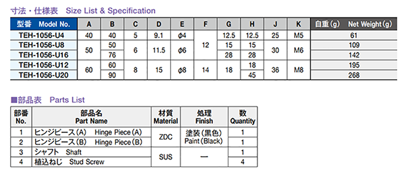 栃木屋 フラットヒンジ TEH-1056-U4 製品規格
