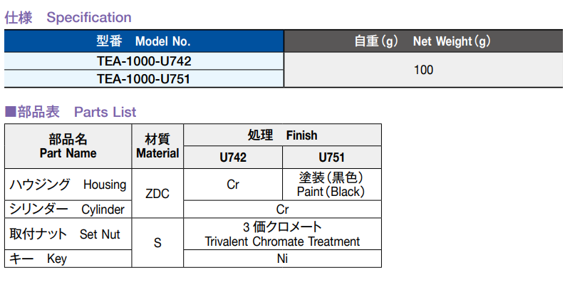 栃木屋 プッシュラッチシリンダー TEA-1000-U751 製品規格