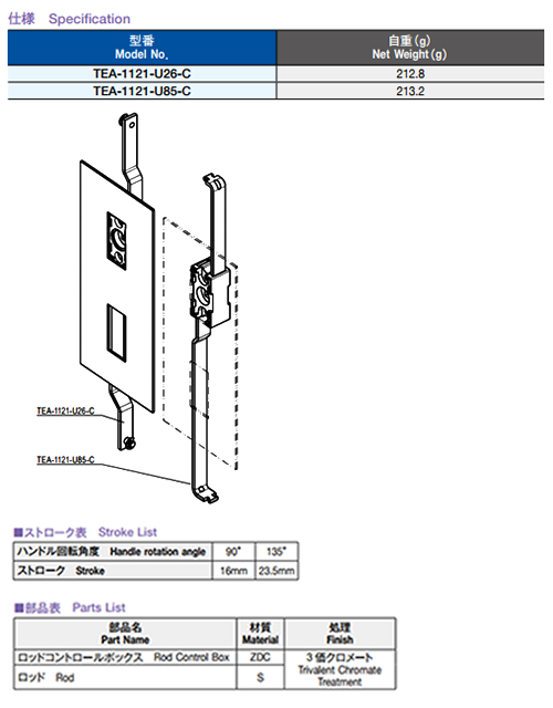 栃木屋 ロッドコントロール TEA-1121-U85-C 製品規格