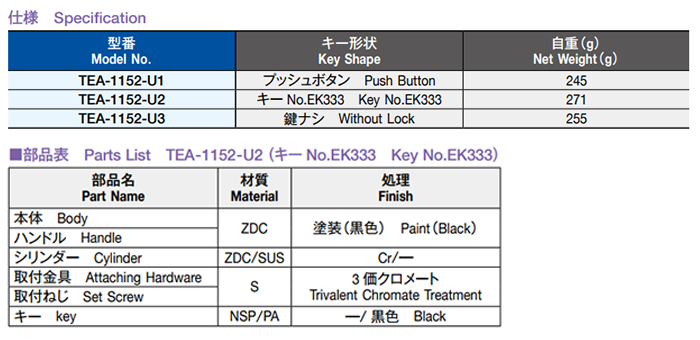 栃木屋 スウィングハンドル TEA-1152-U2 製品規格