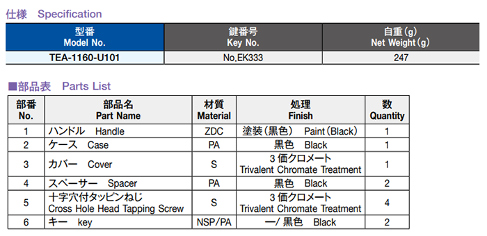 栃木屋 スウィングハンドル TEA-1160-U101 製品規格