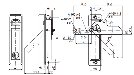 タキゲン A-160-A 押ボタン付平面ハンドル(亜鉛合金) 製品図面