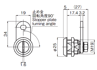 タキゲン C-195-0 ドライバー錠(マイナス溝)(亜鉛合金) 製品図面