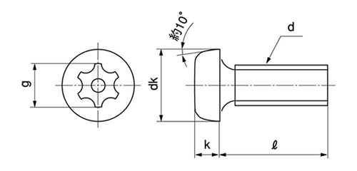 鉄 LR(ライン穴・タンパープルーフ) ナベ頭 小ねじ 製品図面