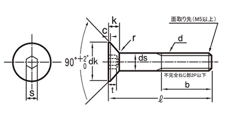 鋼 六角穴付き皿頭 ボルト(皿頭 キャップ)(JIS規格)(互省製) 製品図面