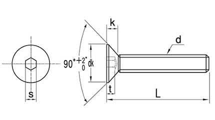 鋼 六角穴付き皿頭 ボルト(皿頭 キャップ) 左ねじ 製品図面