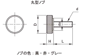 鋼 サムスクリュー(全ねじ)(赤)(丸型ローレット付き) 製品図面