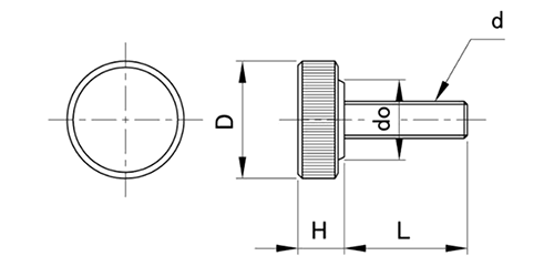 鋼 サムスクリュー(全ねじ)(グレー)(丸型ローレット付き)(M6-φ26) 製品図面