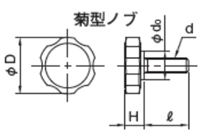 鋼 サムスクリュー(全ねじ)(赤)(菊型外径38mm品) 製品図面