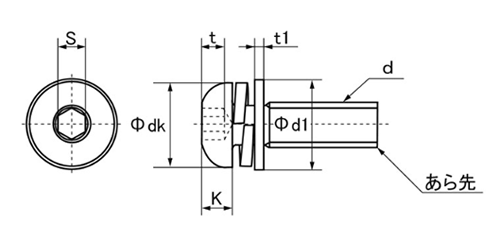 鋼 六角穴付きボタンボルト(ボタンキャップ)(SSS規格) P＝4 (バネ座+JIS小平座)(アンスコ製) 製品図面