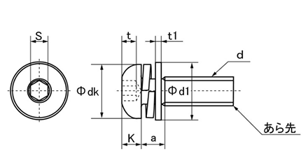 鋼 六角穴付きボタンボルト(ボタンキャップ) I＝3 (バネ座+ISO平座 組込)(アンスコ製) 製品図面