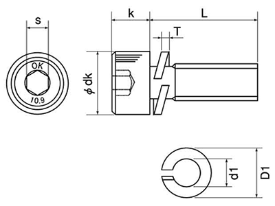 鋼 10.9 六角穴付きボルト(キャップスクリュー) P＝2 (バネ座組込)(全ねじ)(岡井鉄工製) 製品図面