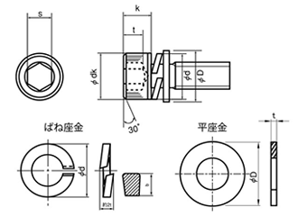 鋼 六角穴付きボルト(キャップスクリュー) P＝3 (バネ座+JIS平座組)(全ねじ) 製品図面