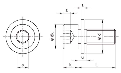 鋼 六角穴付きボルト(キャップスクリュー) I＝1 (ISO 平座組込)(全ねじ) 製品図面