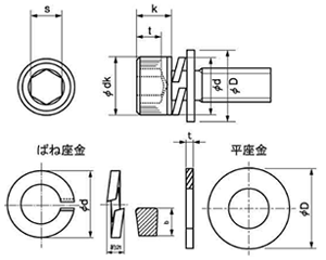 鋼 六角穴付きボルト(キャップスクリュー) WA-SP (I＝3/S座+ISO平座)(アンスコ製) 製品図面