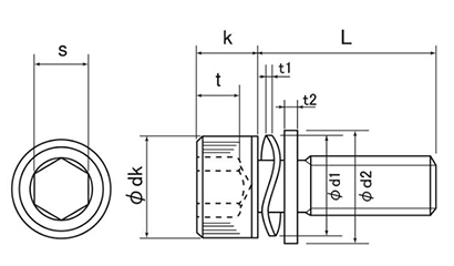 鋼 ゼロイタ薄板用 六角穴付きボルト(キャップスクリュー) PU＝3 (波型バネ座+ISO平座)(全ねじ) 製品図面