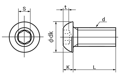 ステンレス 六角穴付きボタンボルト(ボタンキャップ)(JIS規格)(アンスコ製) 製品図面