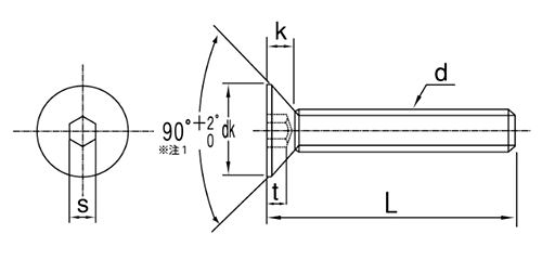 ステンレス 六角穴付き皿頭 ボルト(皿頭 キャップ)(SSS規格) 製品図面
