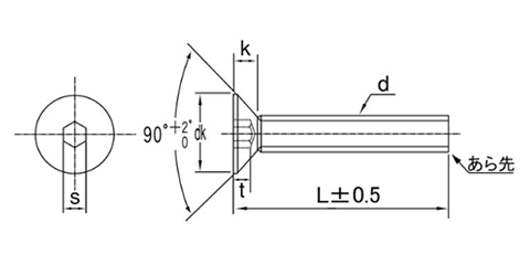 ステンレス 六角穴付き皿頭 ボルト(皿頭 キャップ)(JIS規格)(岸和田製) 製品図面