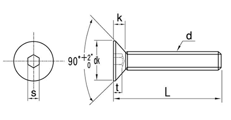 ステンレス 六角穴付き皿頭 ボルト(皿頭 キャップ) 左ねじ 製品図面