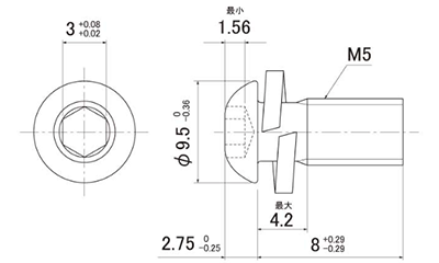 ステンレス 六角穴付きボタンボルト(ボタンキャップ) P＝2 (バネ座組込) 製品図面
