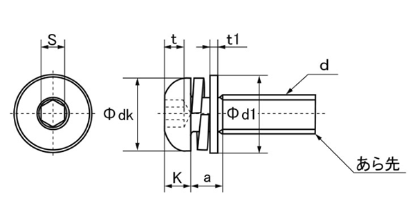 ステンレス 六角穴付きボタンボルト(ボタンキャップ) I＝3 (バネ座+ISO平座) 製品図面