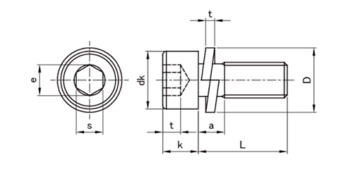 ステンレスWA-S 六角穴付きボルト(キャップスクリュー) P＝2(S座組込)(全ねじ)(アンスコ製) 製品図面