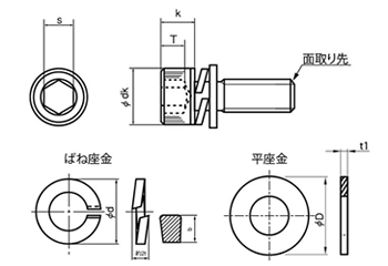 ステンレス 六角穴付きボルト(キャップスクリュー) P＝3(S座+JIS平座)(全ねじ)(日本鋲螺製) 製品図面