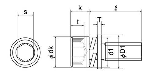 ステンレス 六角穴付きボルト(キャップスクリュー) P＝3(S座+JIS平座)(全ねじ)(光精工製) 製品図面
