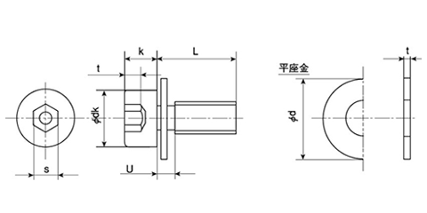 ステンレス 六角穴付きボルト(キャップスクリュー) PK＝1(JIS小形平座組込)(全ねじ) 製品図面