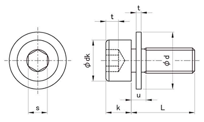 ステンレス 六角穴付きボルト(キャップスクリュー) I＝1(ISO 平座組込)(全ねじ) 製品図面