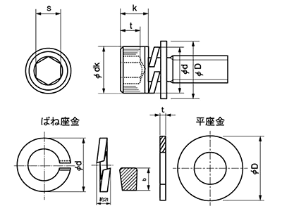 ステンレス WA-SP 六角穴付きボルト(キャップスクリュー) I＝3(S座+ISO平座)(全ねじ)(アンスコ製) 製品図面