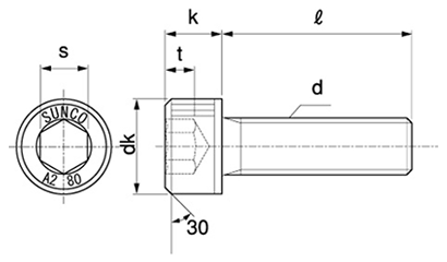 ステンレス 高強度A2-80 六角穴付きボルト(キャップスクリュー)(プレミア ステン) 製品図面