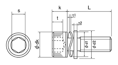 ステンレス ゼロイタ薄板用 六角穴付きボルト(キャップスクリュー) PU＝3 (波型バネ座+ISO平座)(全ねじ) 製品図面