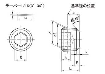 ステンレス SUS316L(A4) 六角穴付テーパねじプラグ(浮き) 製品図面