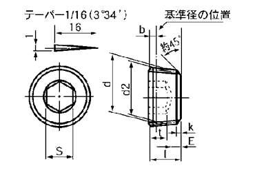 ステンレスSUS316(316L) 六角穴付テーパねじプラグ(沈み) 製品図面