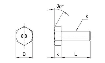 鋼 強度区分 8.8 六角ボルト (全ねじ・細目) 製品図面