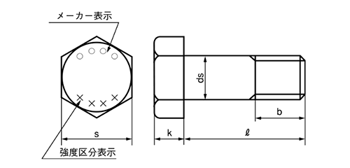 鋼 強度区分10.9 六角ボルト 製品図面