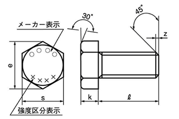 鋼 強度区分10.9 六角ボルト (全ねじ) 製品図面