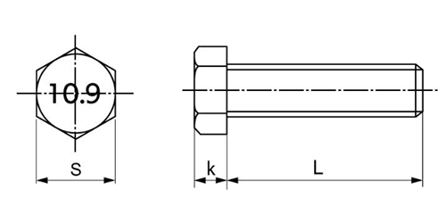 鋼 強度区分10.9 小型六角ボルト(全ねじ) 製品図面