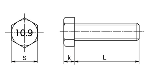 鋼 強度区分10.9 小型六角ボルト(全ねじ)(細目) 製品図面