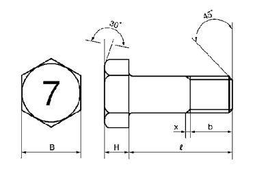 鋼 (7マーク)六角ボルト(半ねじ) 製品図面