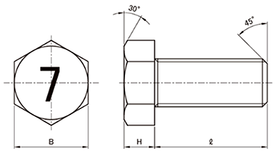鋼 (7マーク)小形六角ボルト(全ねじ) 製品図面