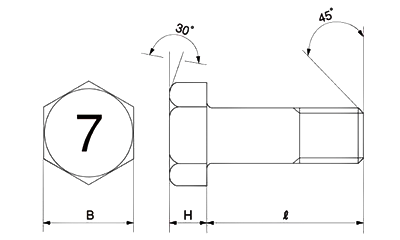 鋼 (7マーク)小形六角ボルト(半ねじ) 製品図面