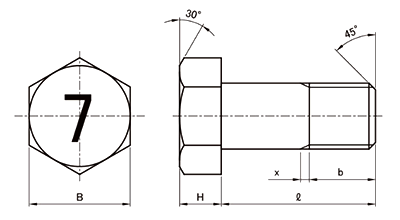 鋼 (7マーク)小形六角中ボルト(半ねじ・細目) 製品図面