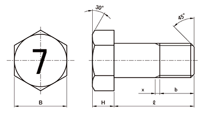 鋼 (7マーク)小形六角中ボルト(半ねじ・細目)(M12 p＝1.5) 製品図面