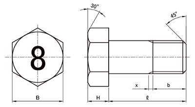 鋼 (8マーク)六角ボルト(半ねじ) 製品図面